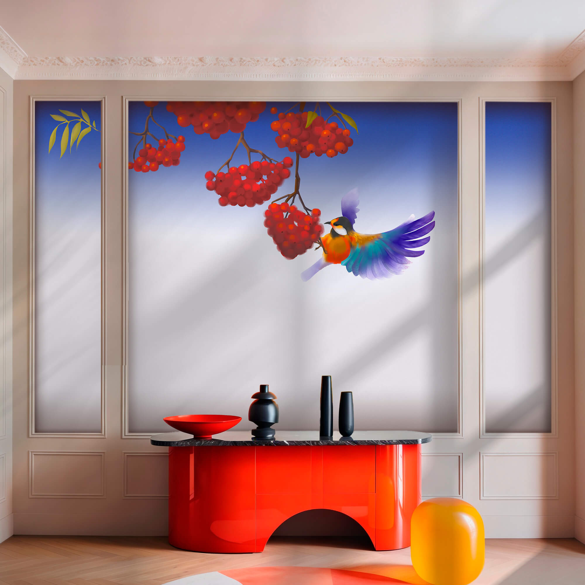 Vogel, der eine Handvoll rote Beeren frisst