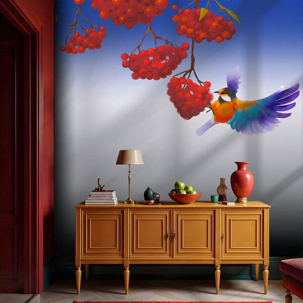 Vogel, der eine Handvoll rote Beeren frisst