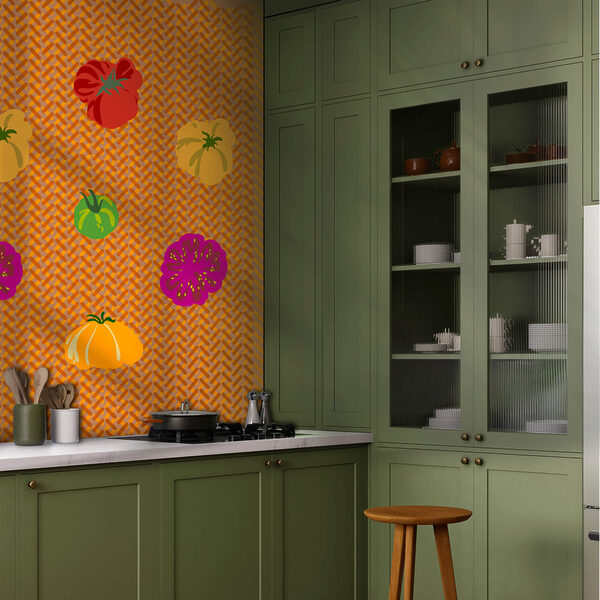 Gruppe von Tomaten auf einer gewebten Oberfläche