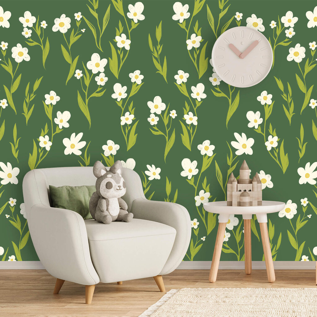 Muster aus weißen Blüten und grünen Blättern