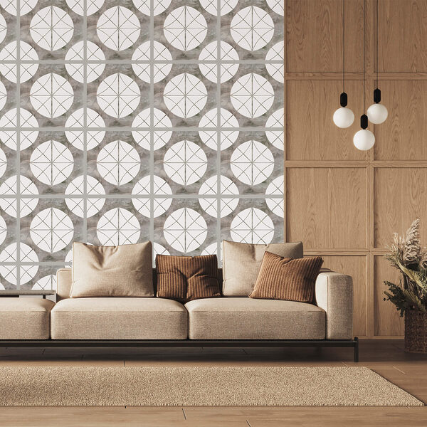 Muster aus weißen Kreisen und grauen Quadraten