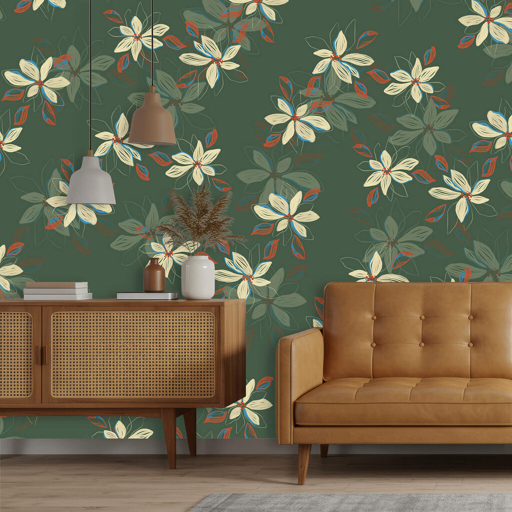 Muster aus weißen Blüten und roten Blättern auf grünem Hintergrund