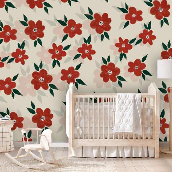 Muster aus roten Blumen und grünen Blättern