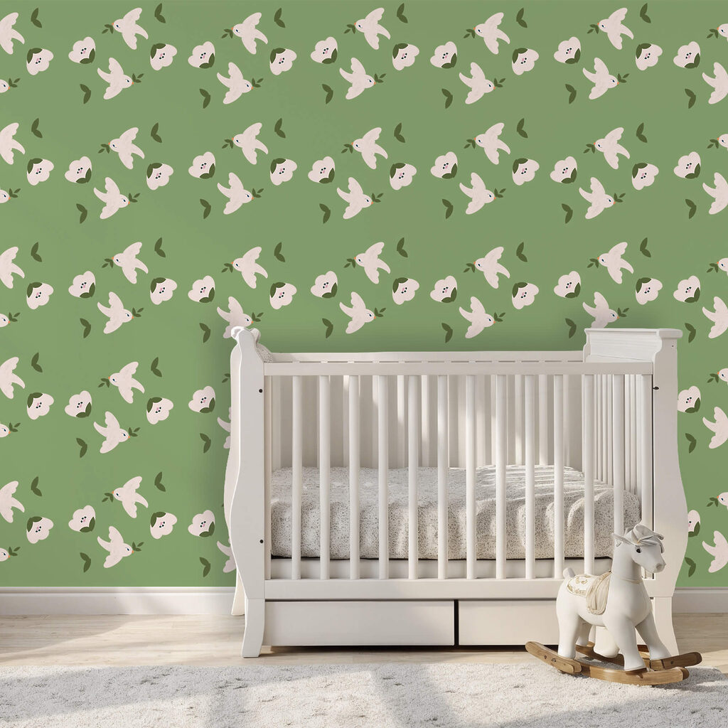 Muster aus weißen Vögeln und grünen Blättern Muster aus weißen Vögeln und grünen Blättern