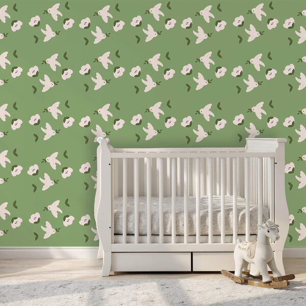 Muster aus weißen Vögeln und grünen Blättern Muster aus weißen Vögeln und grünen Blättern