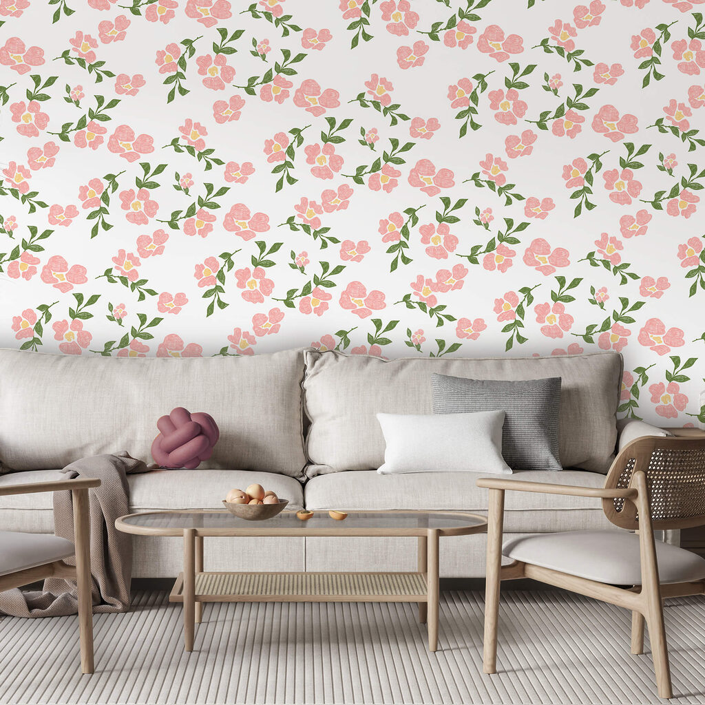 Muster aus rosa Blüten und grünen Blättern