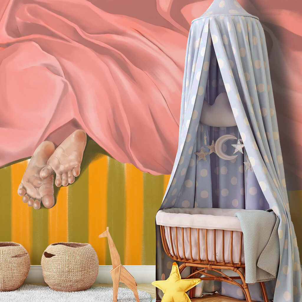 Ein Paar Füße unter einer rosa Decke