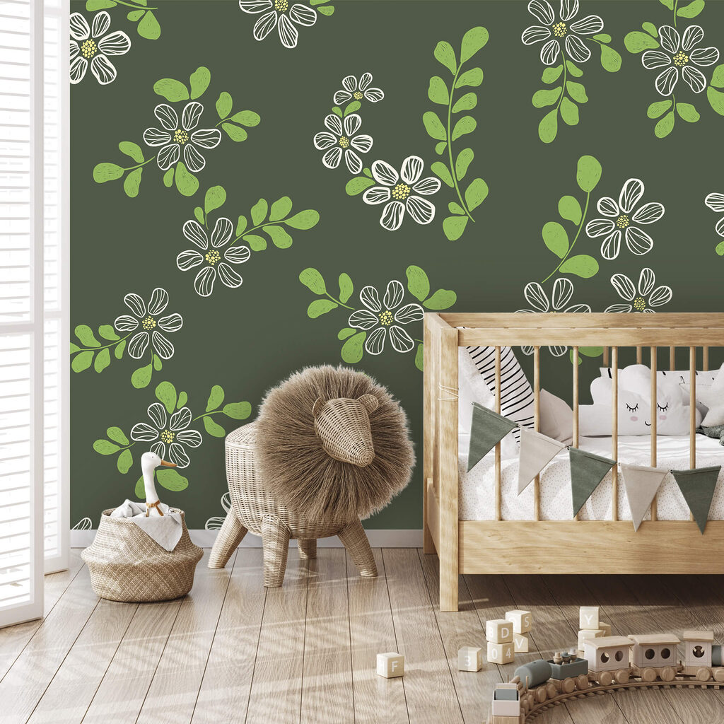 Muster aus weißen Blüten und grünen Blättern