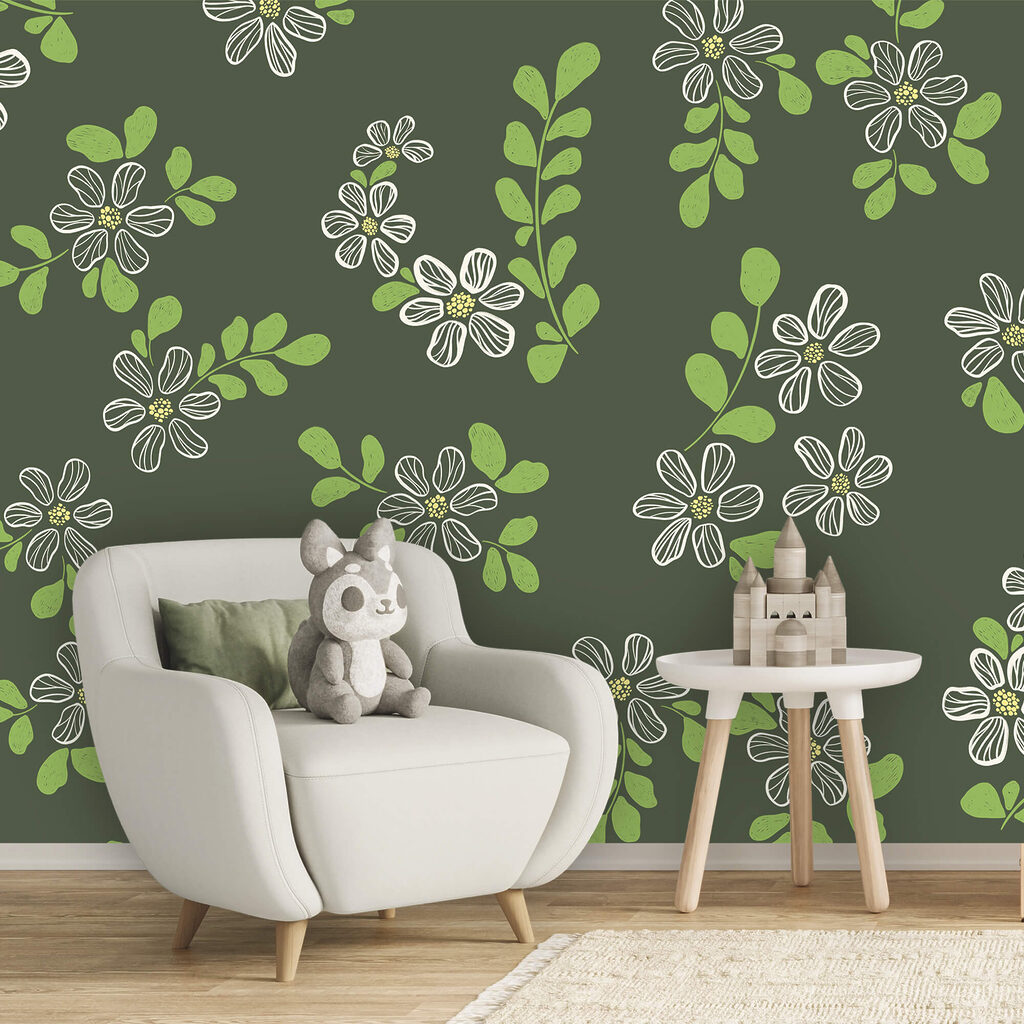 Muster aus weißen Blüten und grünen Blättern