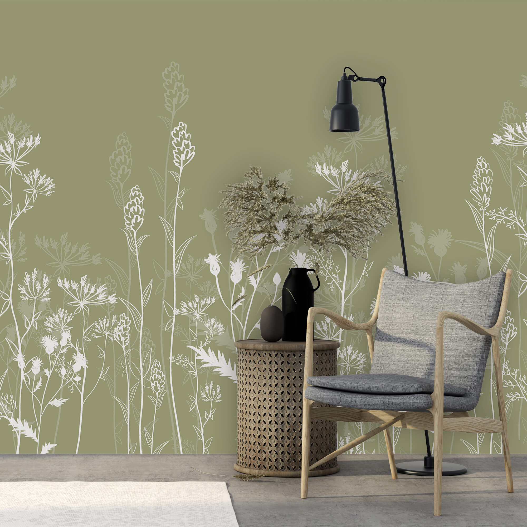 Zarte florale Silhouetten auf grünem Hintergrund