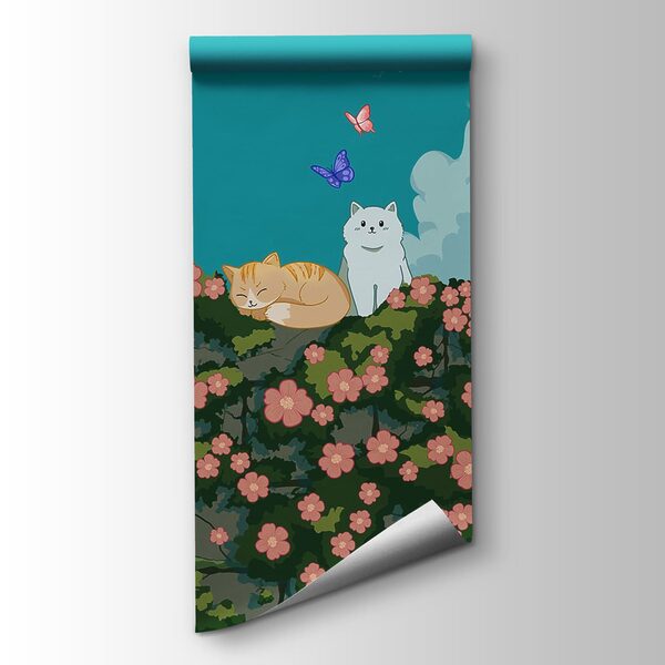 Cartoon of cats and butterflies on a bush Cartoon of cats and butterflies on a bush