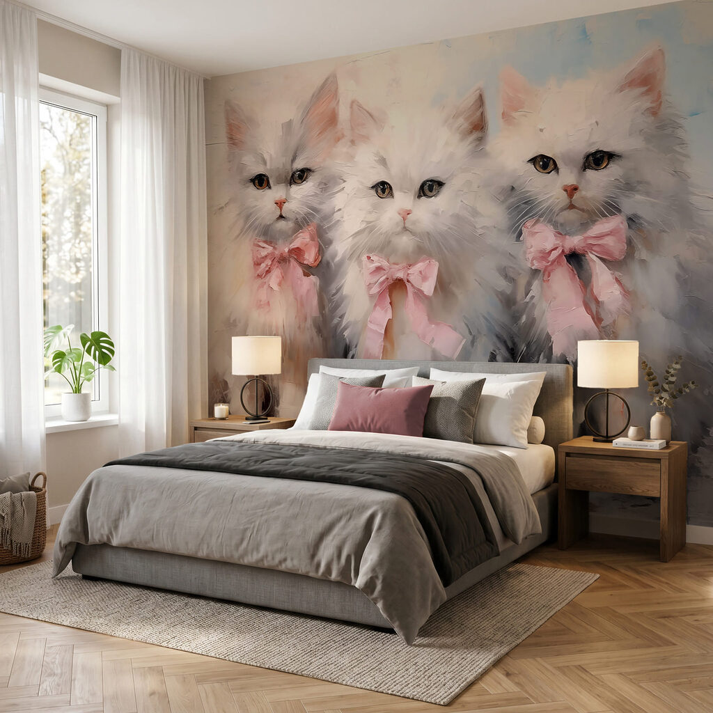 Eine Gruppe weißer Katzen mit rosa Schleifen