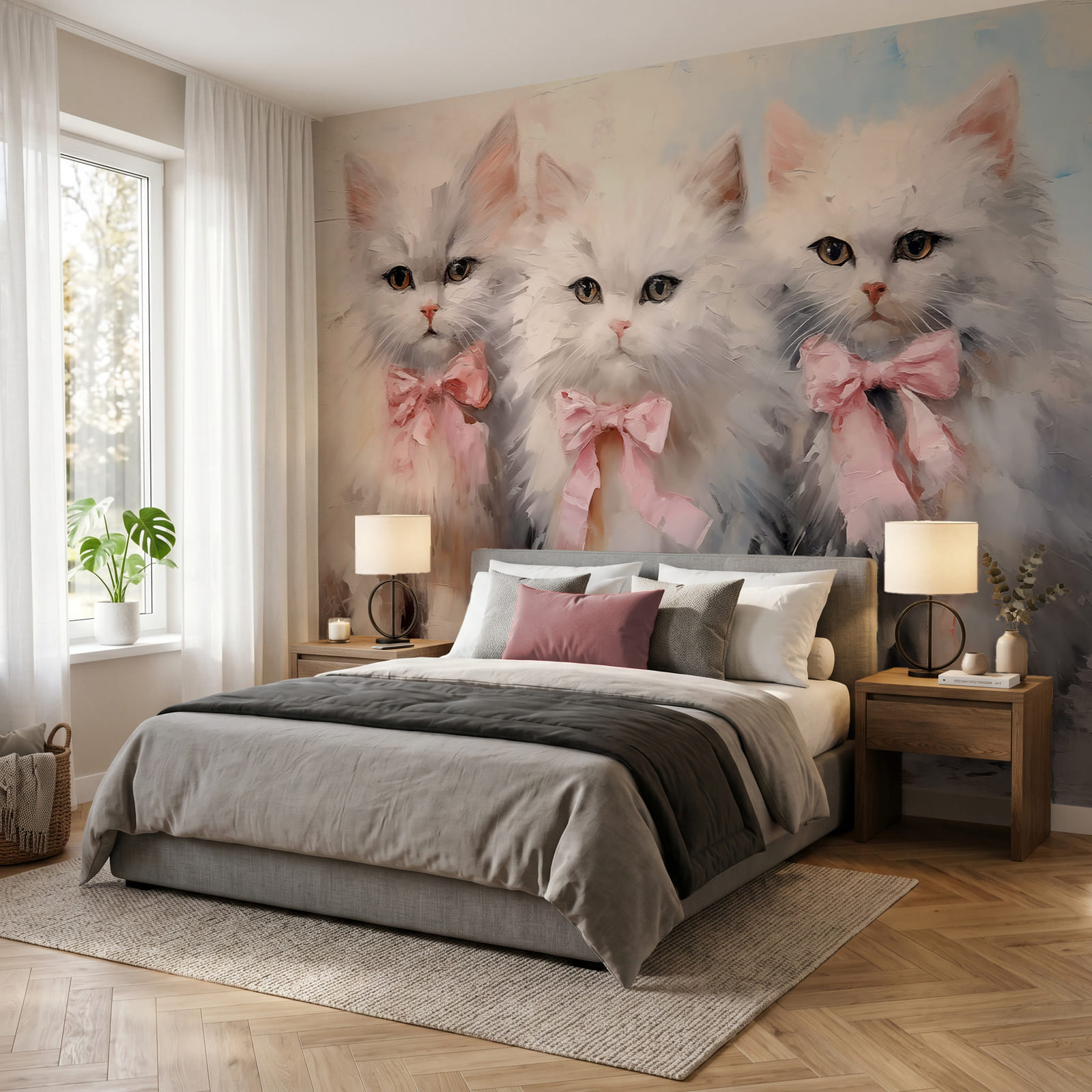 Eine Gruppe weißer Katzen mit rosa Schleifen