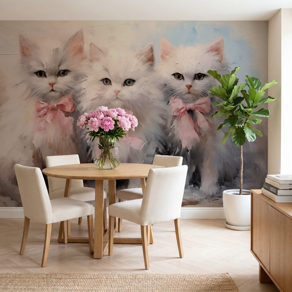 Eine Gruppe weißer Katzen mit rosa Schleifen