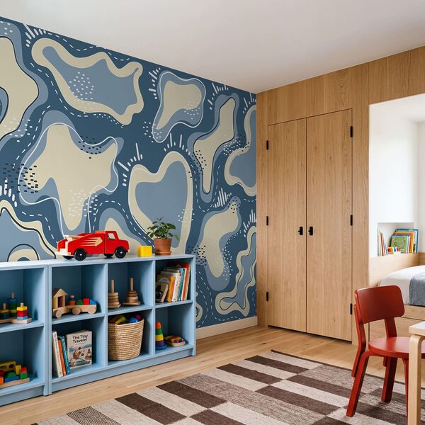 Blau-weißer Hintergrund mit weißen und gelben Formen