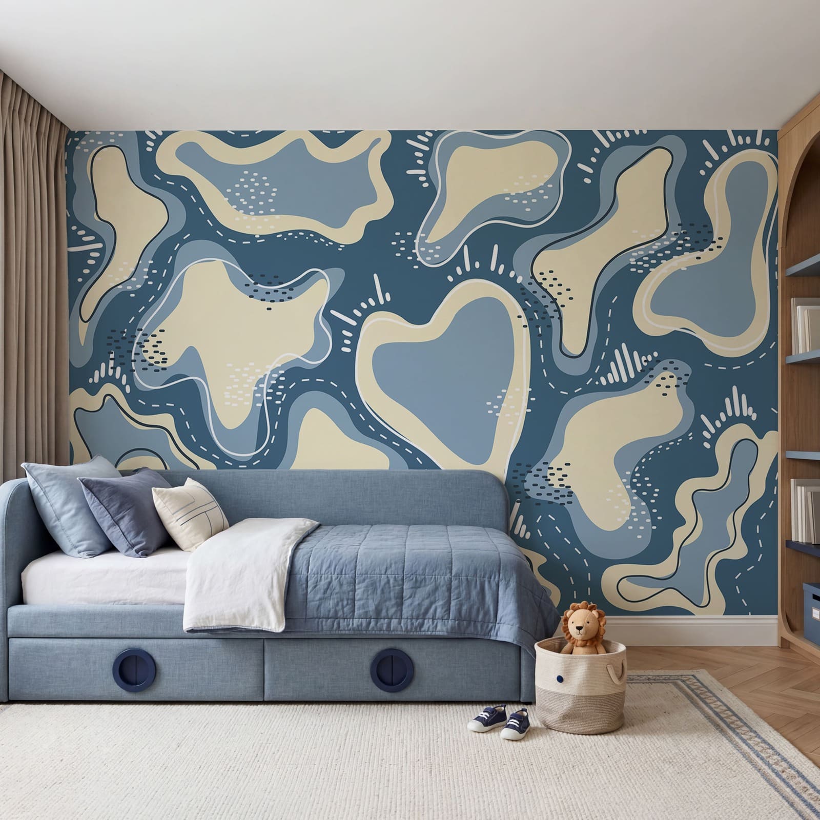 Blau-weißer Hintergrund mit weißen und gelben Formen