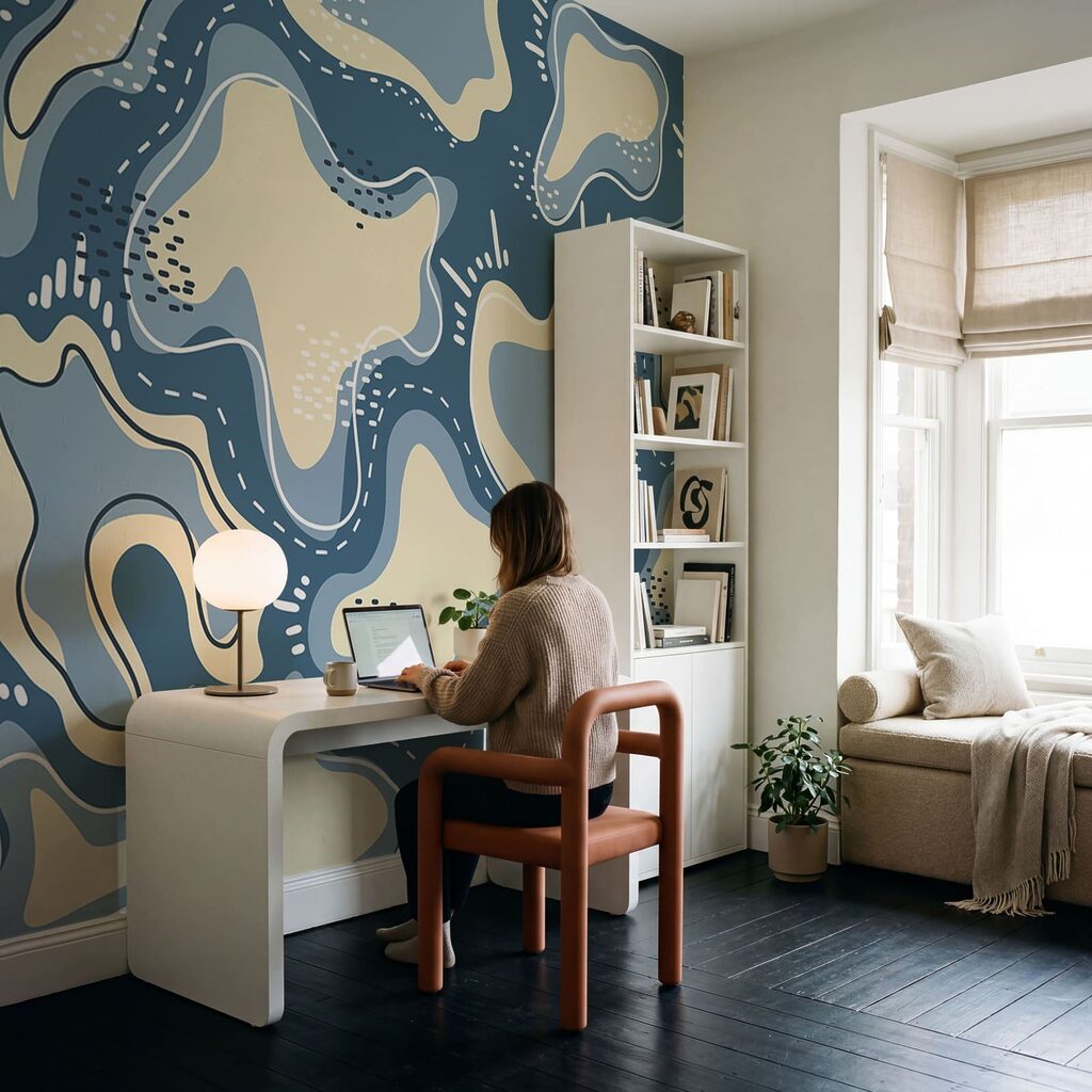 Blau-weißer Hintergrund mit weißen und gelben Formen