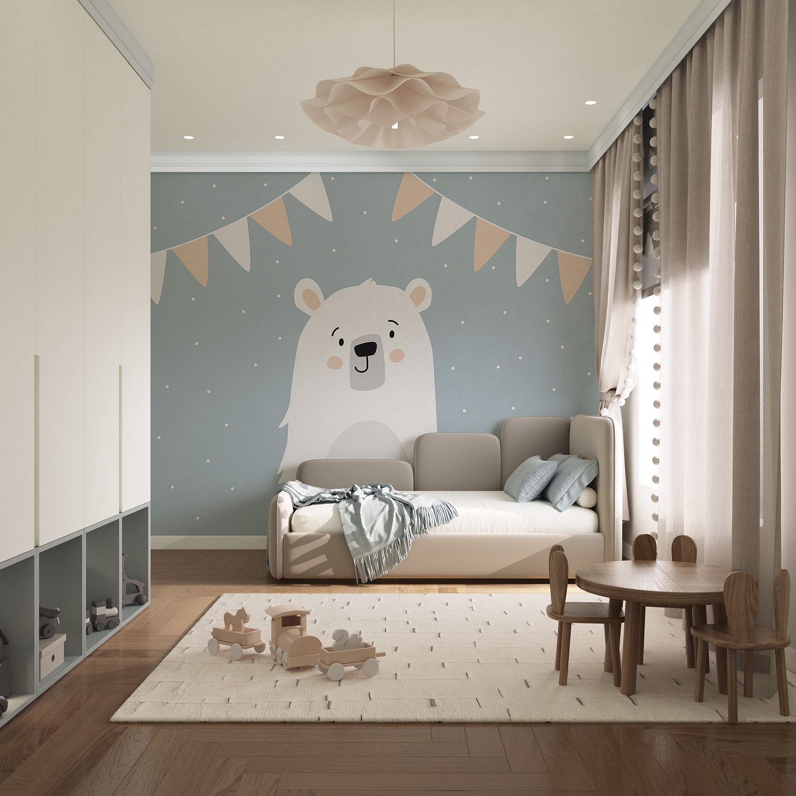 Weißer Bär vor blauem Hintergrund