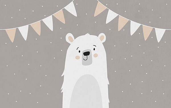 White bear with a garland of flags