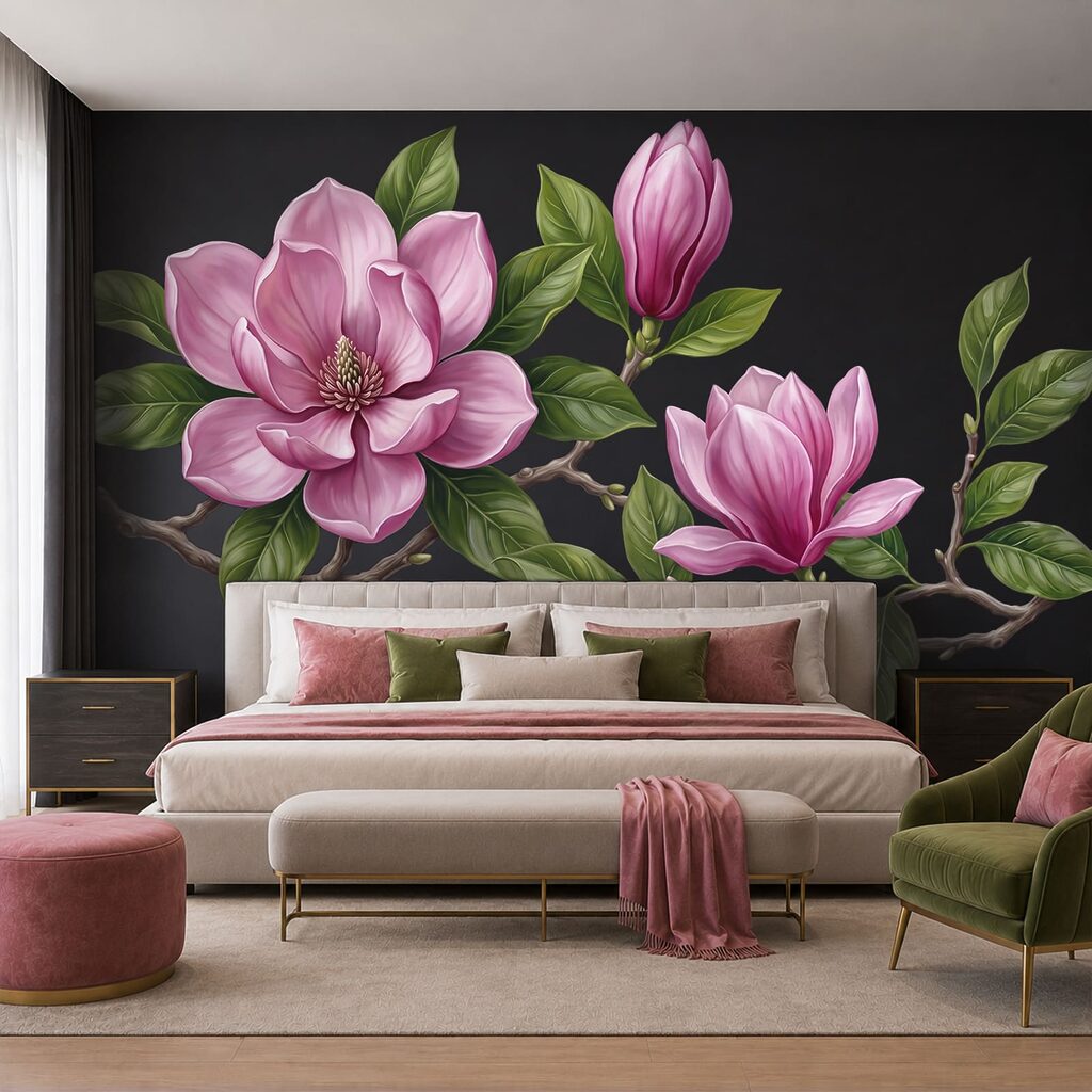 Eine Gruppe rosa Blüten mit grünen Blättern