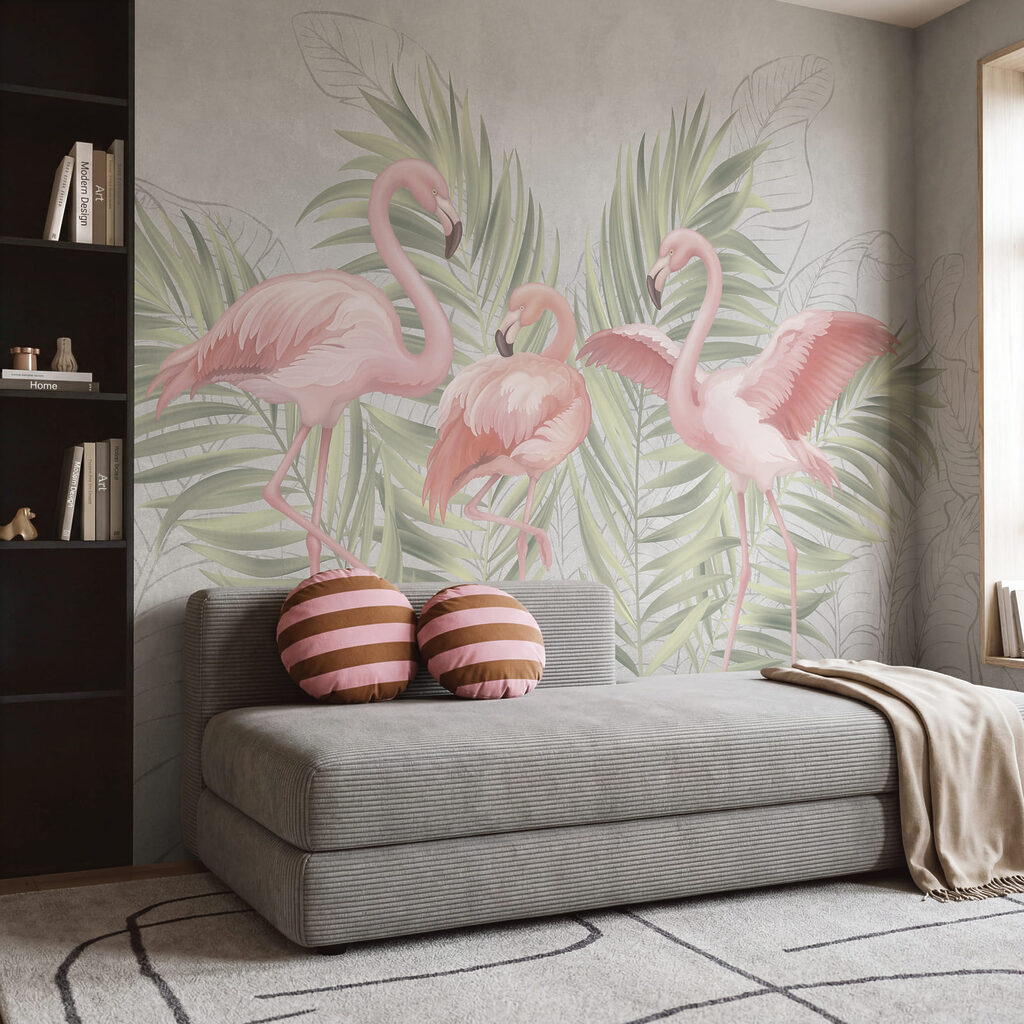 Gruppe von rosa Flamingos mit grünen Blättern Gruppe von rosa Flamingos mit grünen Blättern