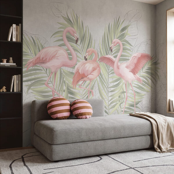 Gruppe von rosa Flamingos mit grünen Blättern Gruppe von rosa Flamingos mit grünen Blättern
