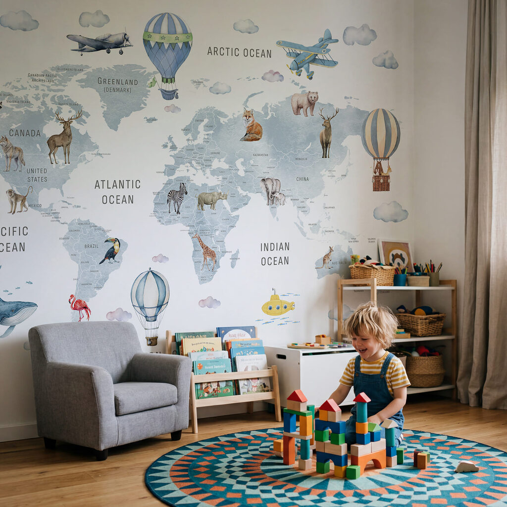 Weltkarte mit Tieren und Vögeln Weltkarte mit Tieren und Vögeln