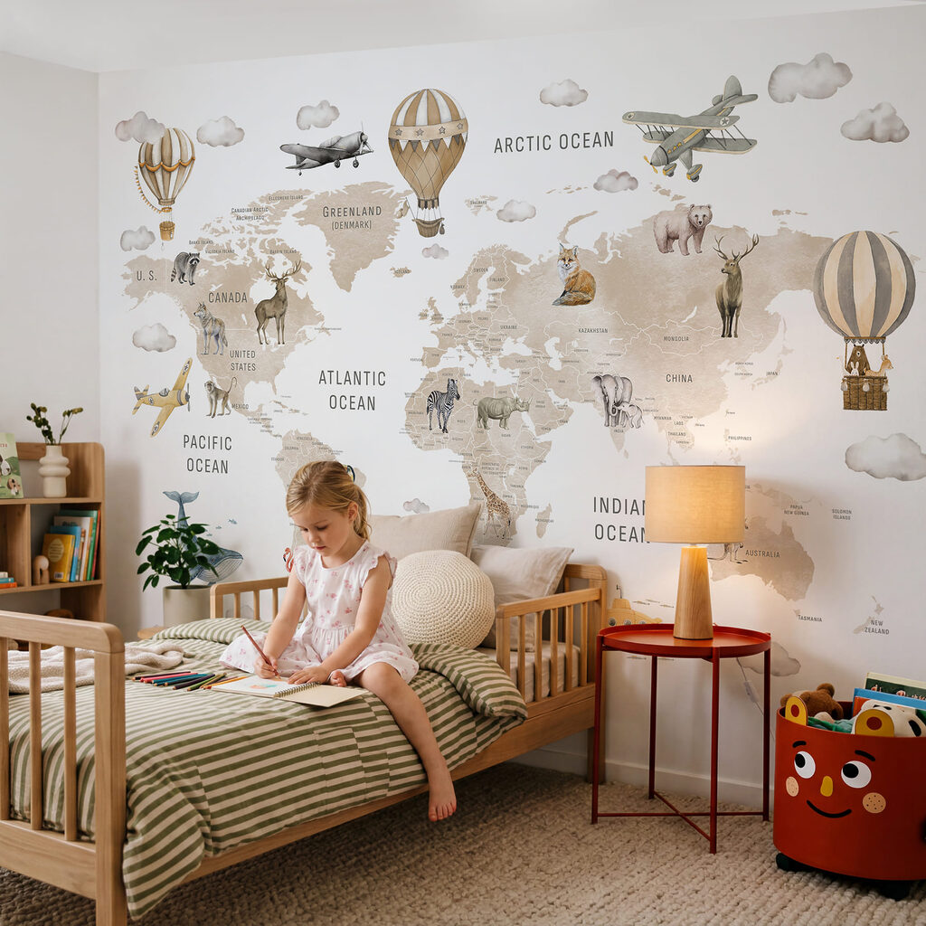 Weltkarte mit Tieren und Heißluftballons Weltkarte mit Tieren und Heißluftballons