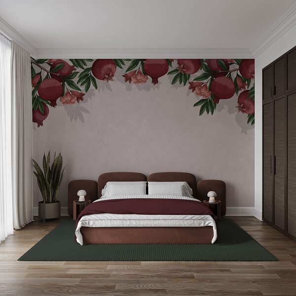 Tapete mit einem Muster aus roten Früchten und Blumen Tapete mit einem Muster aus roten Früchten und Blumen