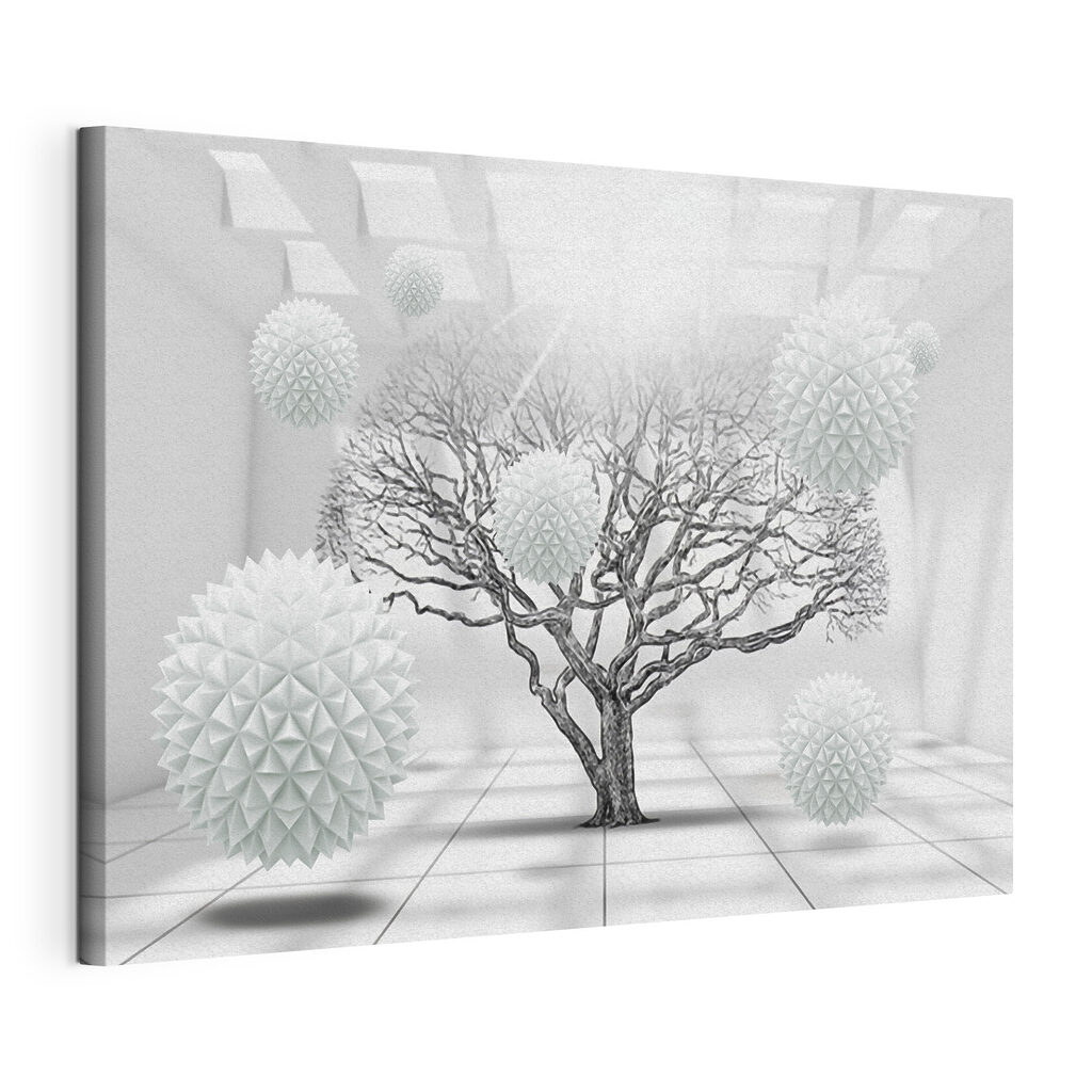Tree with white balls floating in the air