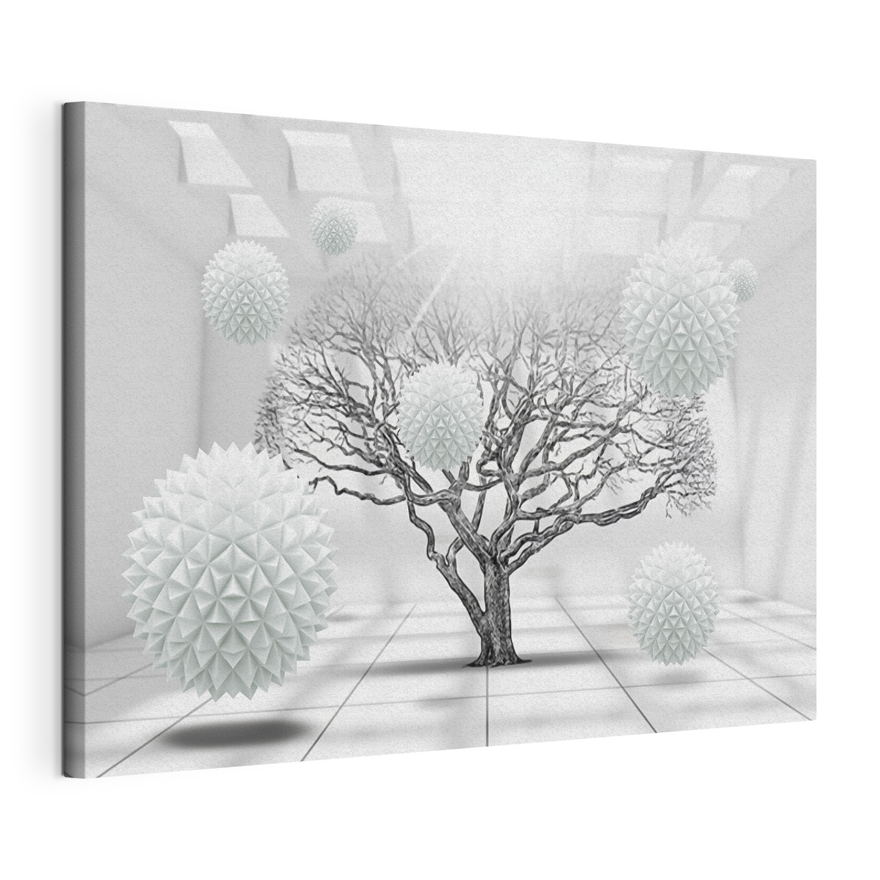 Tree with white balls floating in the air