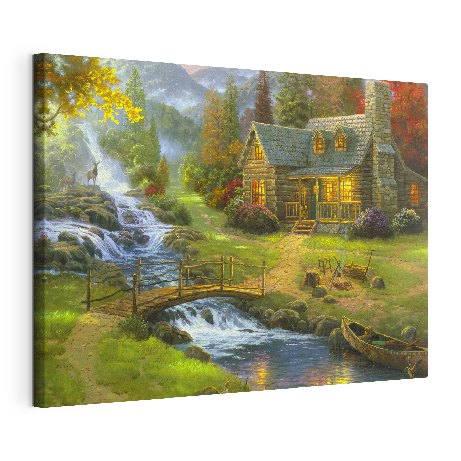 A painting of a log cabin with a bridge over a river