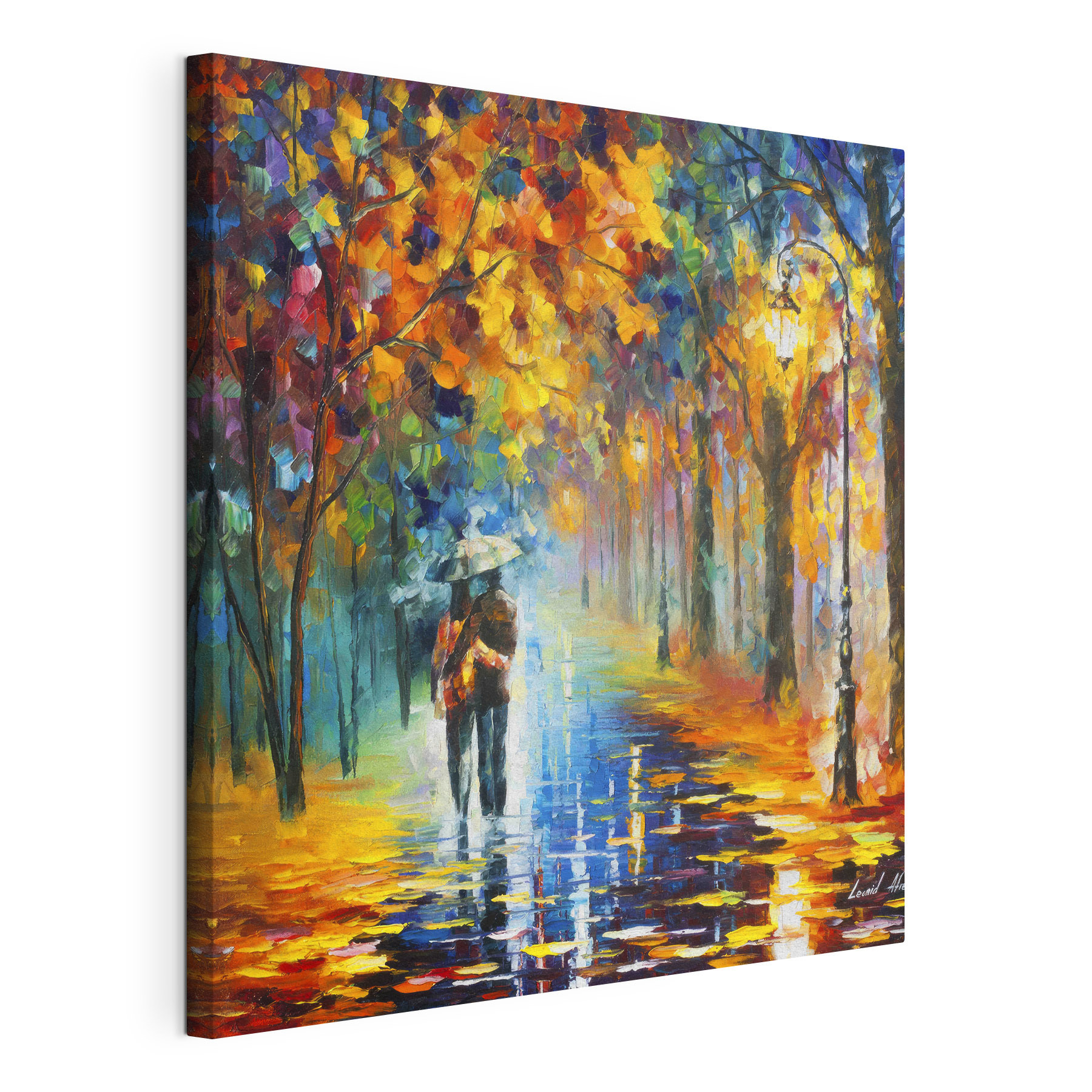 A painting of a couple walking in a park with trees and a lamp post A painting of a couple walking in a park with trees and a lamp post