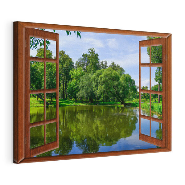 Ein Fenster mit einem See und Bäumen Wandbilder Ein Fenster mit einem See und Bäumen