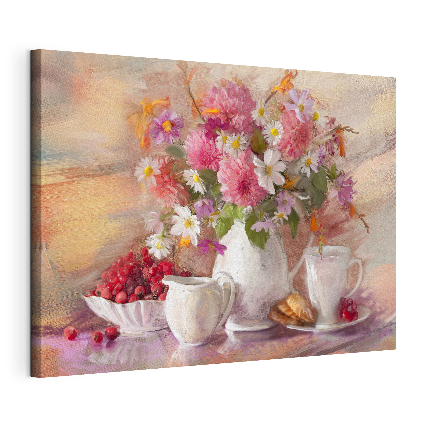 A painting of flowers in a vase and a bowl of croissants