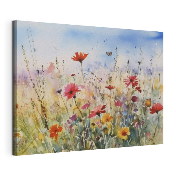 Wandbilder Ein Aquarell mit Blumen und einem Schmetterling