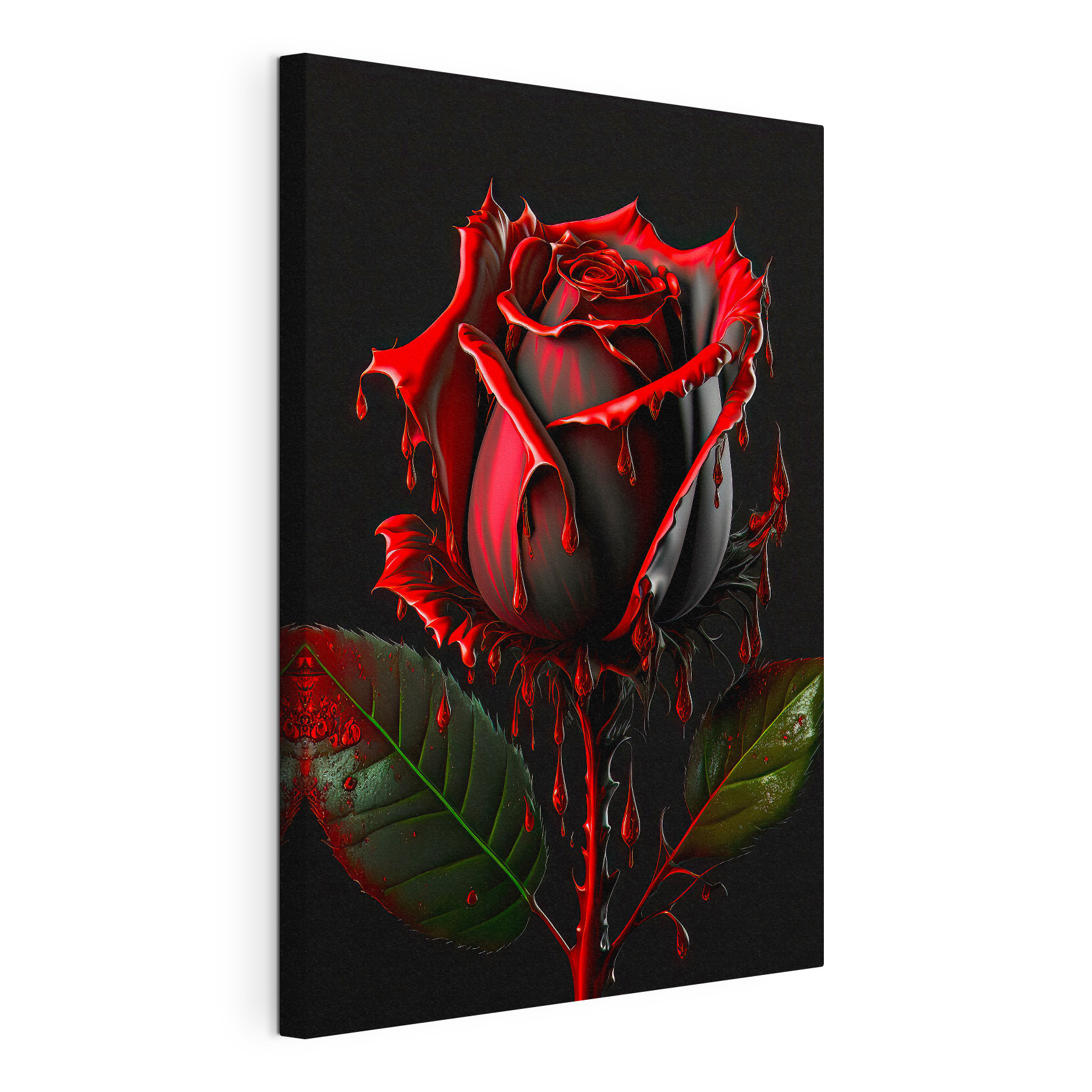 A red rose with green leaves and dripping red paint
