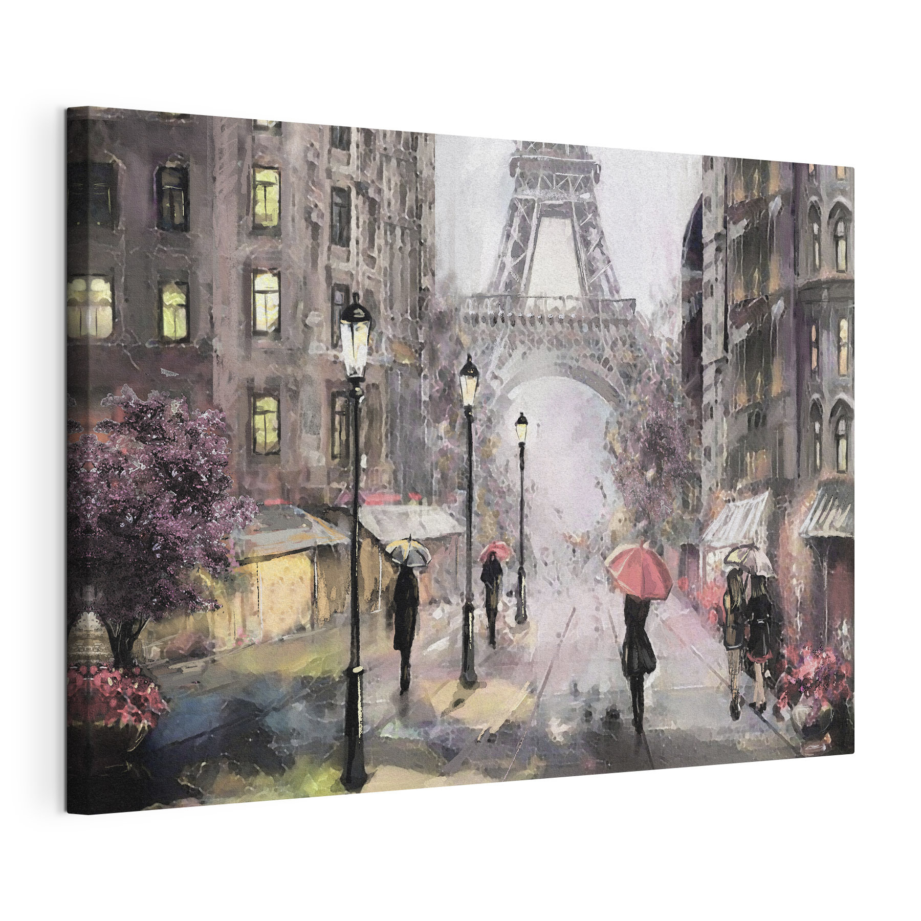 A painting of people walking with umbrellas in a city