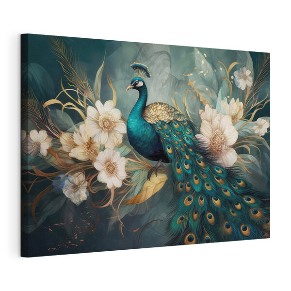 Wandbilder Ein Pfau sitzt auf einem Zweig mit Blumen