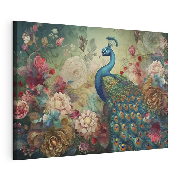 Wandbilder Wandbilder Ein Pfau mit Blumen und Blättern (Artikelnummer: s34869)