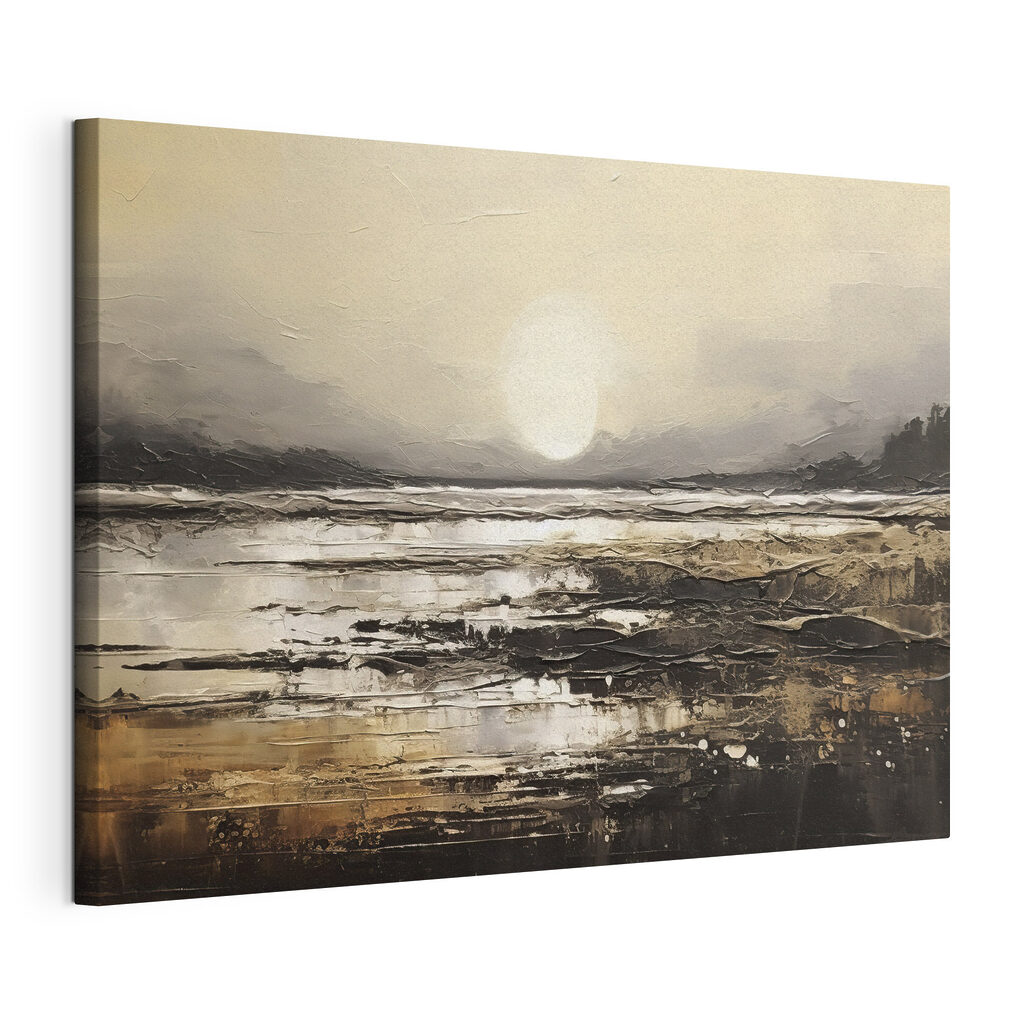 A painting of a beach with the sun in the background