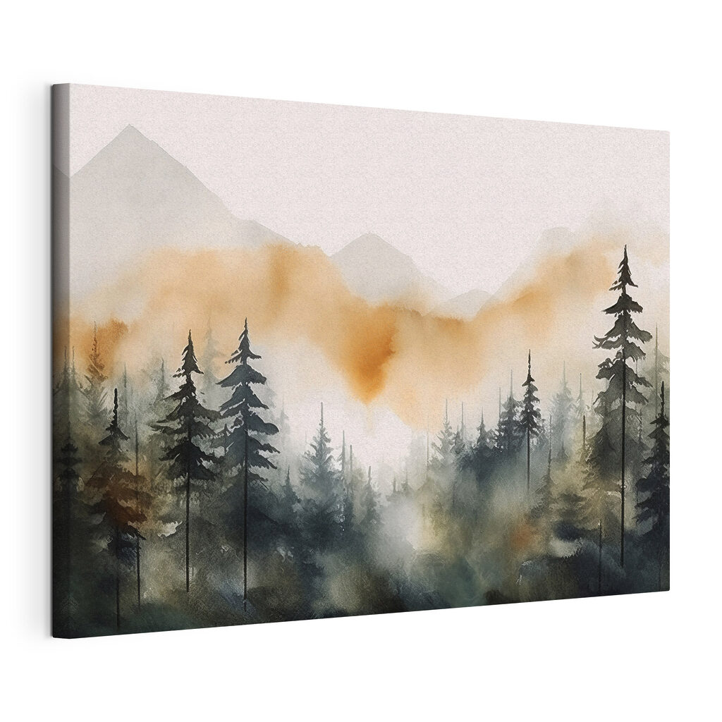 A watercolor of a forest with mountains in the background