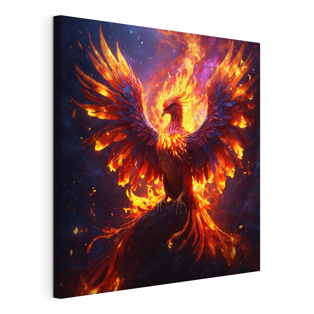 A bird with wings spread and flames in the background