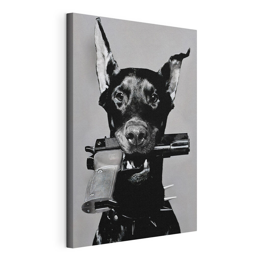A dog holding a gun A dog holding a gun
