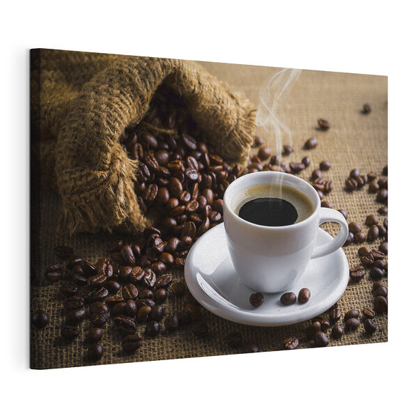 Eine Tasse Kaffee und eine Tüte mit Kaffeebohnen Wandbilder Eine Tasse Kaffee und eine Tüte mit Kaffeebohnen