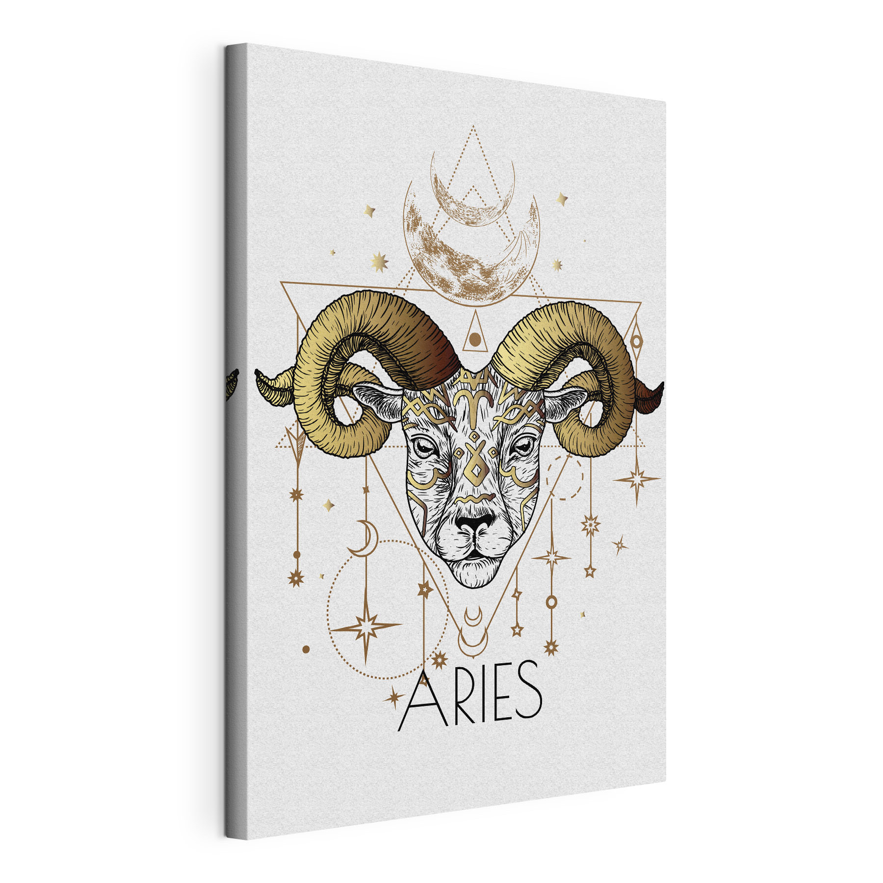 A drawing of a ram with a moon and stars