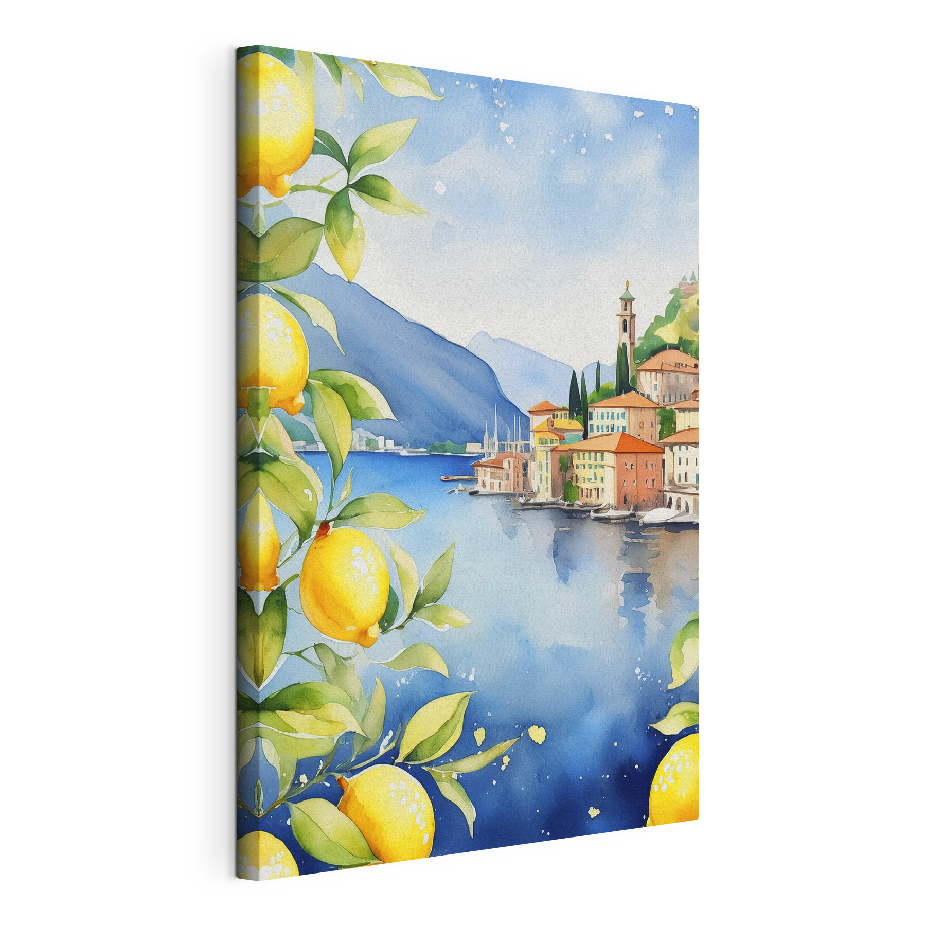 Watercolor of a city by a body of water Watercolor of a city by a body of water