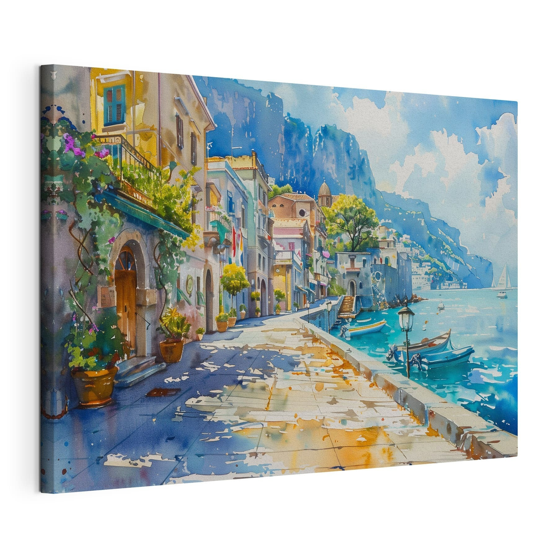 Watercolor of a city along a body of water