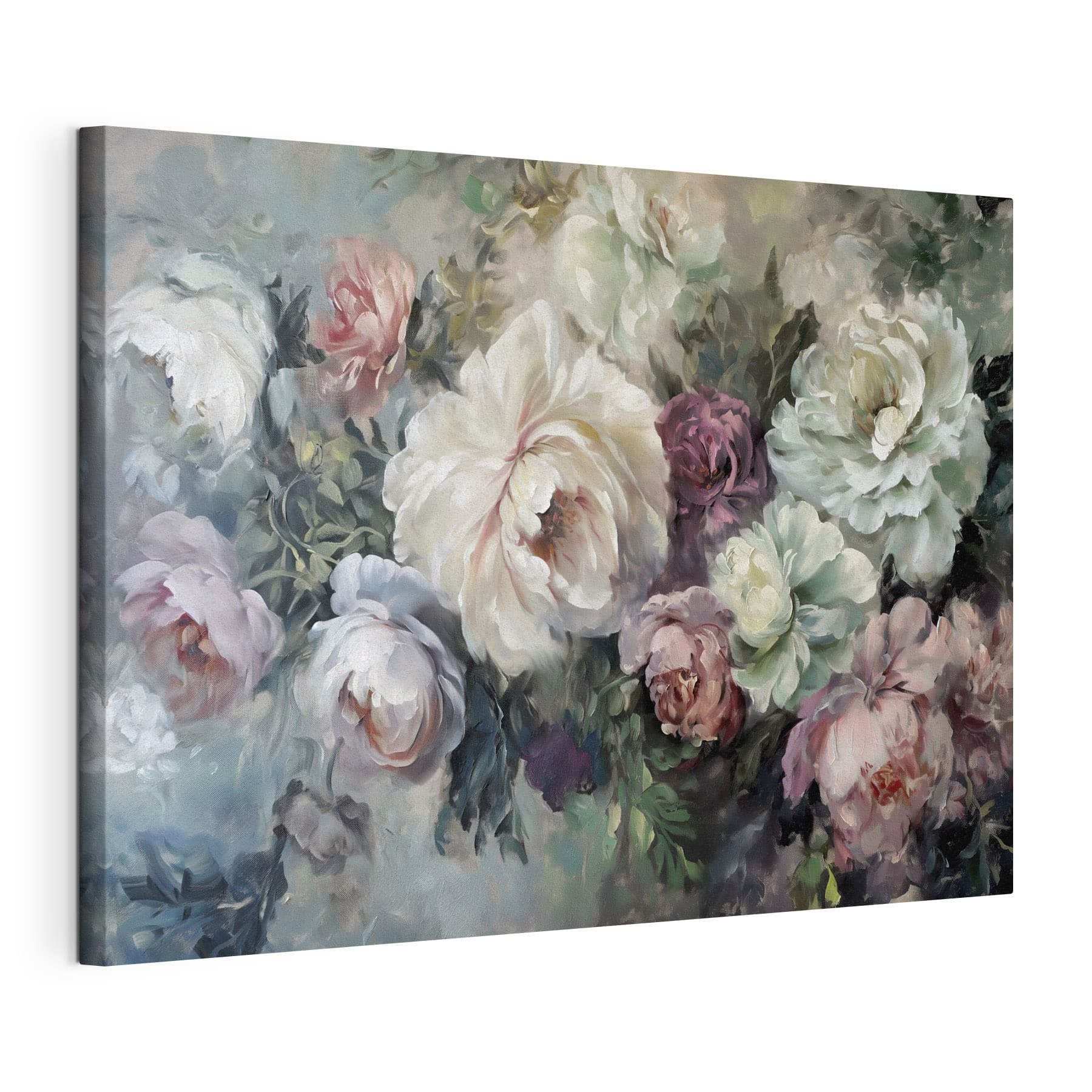 A painting of flowers on a blue background