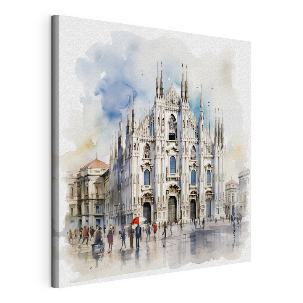 A watercolor of a building with people walking around A watercolor of a building with people walking around